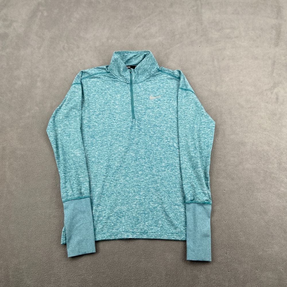 Nike Dri Fit Running Top Womens XS Teal Logo Thumbhole Mock Neck Zip Quarter Zip